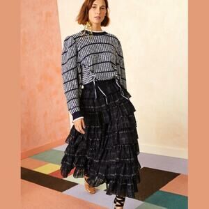 Ulla Johnson Sweater Striped Knit White Navy Blue Puff Jumper Pullover Top L